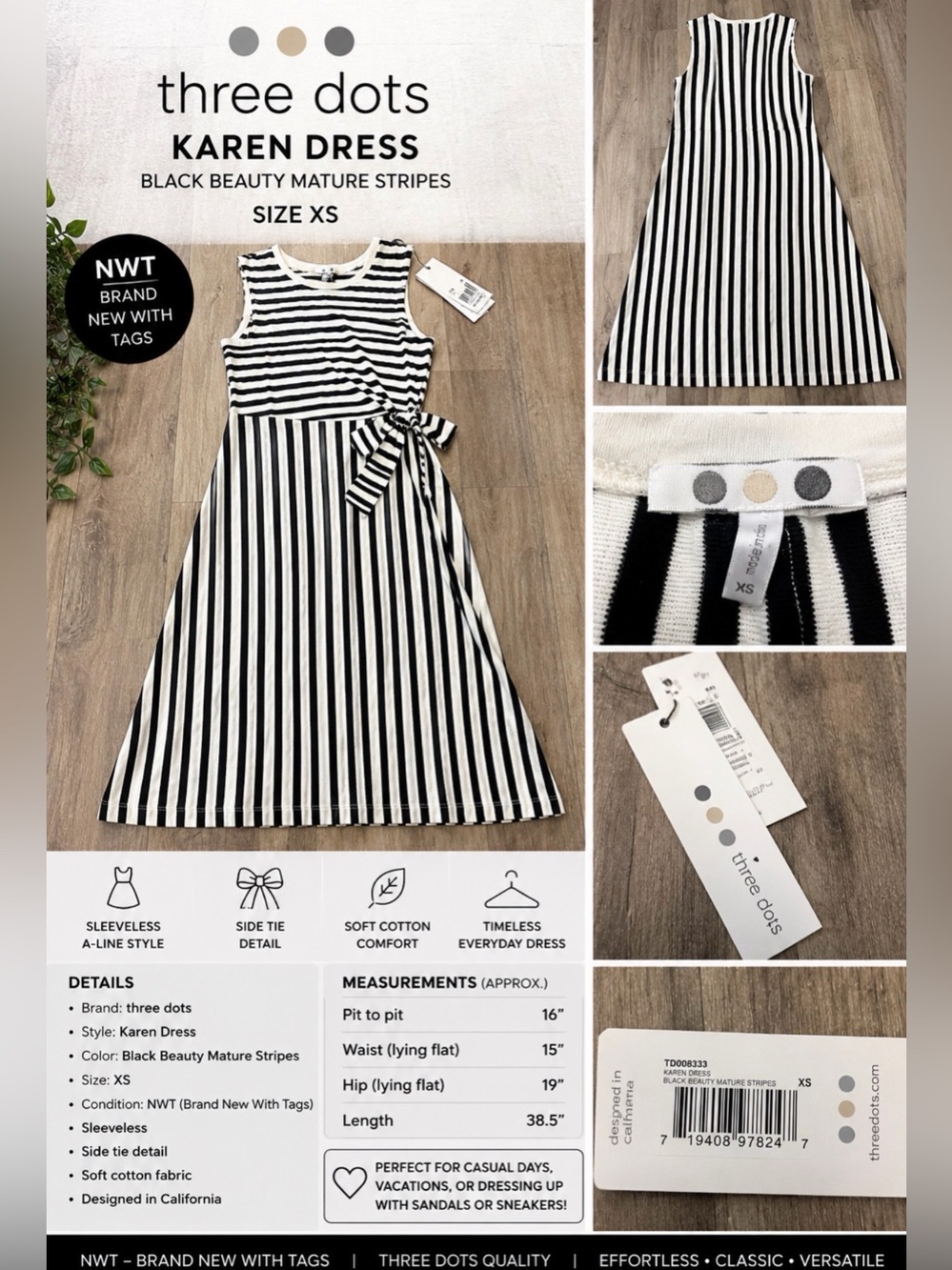 Three Dots Karen Dress Black & White Striped Side Tie Dress XS NWT